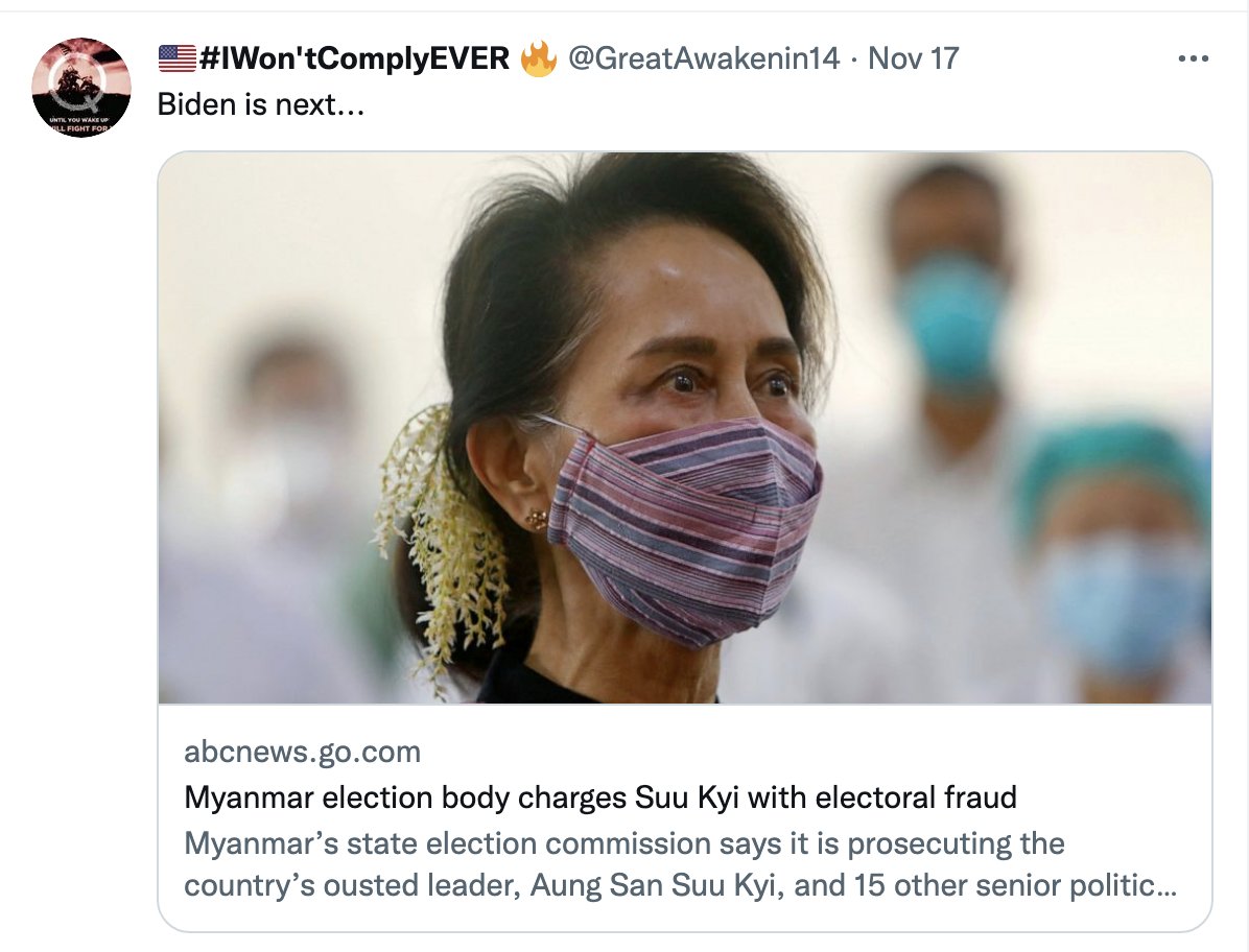 JusticeMyanmar's tweet photo. Concerning to see alt-right/Trump supporters from the USA celebrating the #Myanmar military terrorists' sham trial and using Myanmar as a pawn to support their fascist agenda. Stop using the horrific situation in Myanmar for your gain. https://t.co/i2GFlG62KN