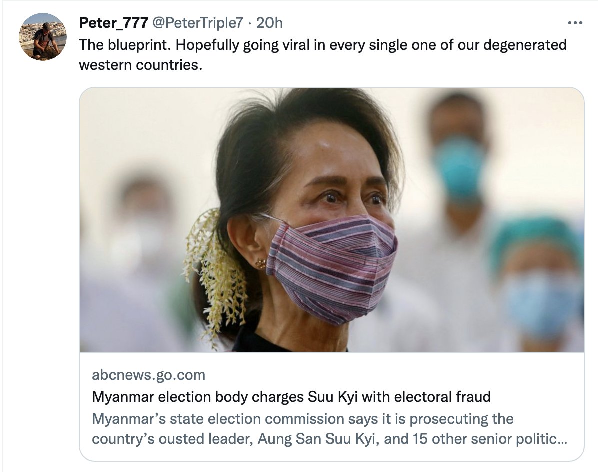 JusticeMyanmar's tweet photo. Concerning to see alt-right/Trump supporters from the USA celebrating the #Myanmar military terrorists' sham trial and using Myanmar as a pawn to support their fascist agenda. Stop using the horrific situation in Myanmar for your gain. https://t.co/i2GFlG62KN