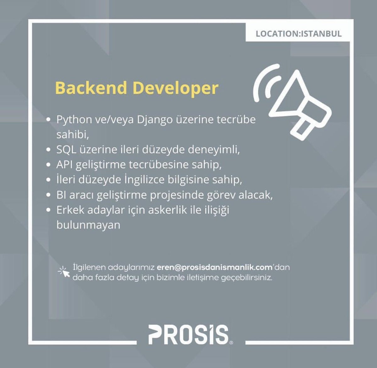 Danışmanlığını yapmakta olduğumuz iş ortağımız için Backend Developer arıyoruz. Yeni iş fırsatları ile ilgilenen adaylarımız detaylar için bizimle iletişime geçebilirler.

📍İstanbul

#backenddeveloper #işilanı #jobadvertisement