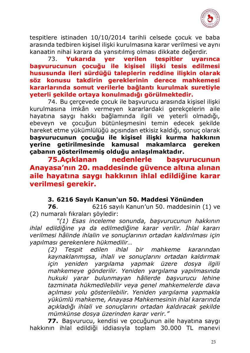 iaksoy28's tweet photo. Hapishanedeki  babanın çocuk ile kişisel ilişki kurulması yönündeki taleplerin reddedilmesi nedeniyle aile hayatına  saygı hakkının ihlal edilmiştir.@erkuterdogan3 @BabacDer @Muratks86189623 https://t.co/bmC1b1HChq