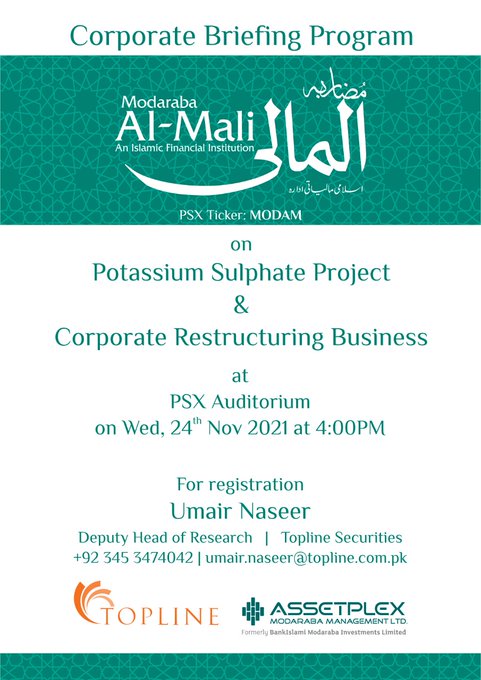 toplinesec's tweet photo. Modarba Al-Mali (MODAM) in collaboration with Topline Securities is arranging a Corporate Briefing Session to discuss its restructuring plan and future prospects. Please join us on Wednesday, Nov 24th, 2021 at 4pm at PSX auditorium
#PSX #MODAM #Topline https://t.co/gyWKCcUuaM