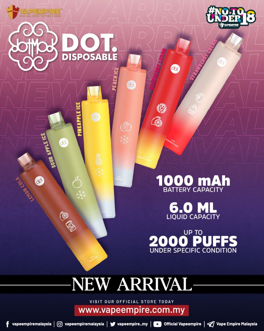 The newest disposable from Dotmod arrived in Vape Empire. It is prefilled  with 6.0ml and it can be up to 2000 puffs for your all-day vape. Dotmod Dot  Disposable is waiting for