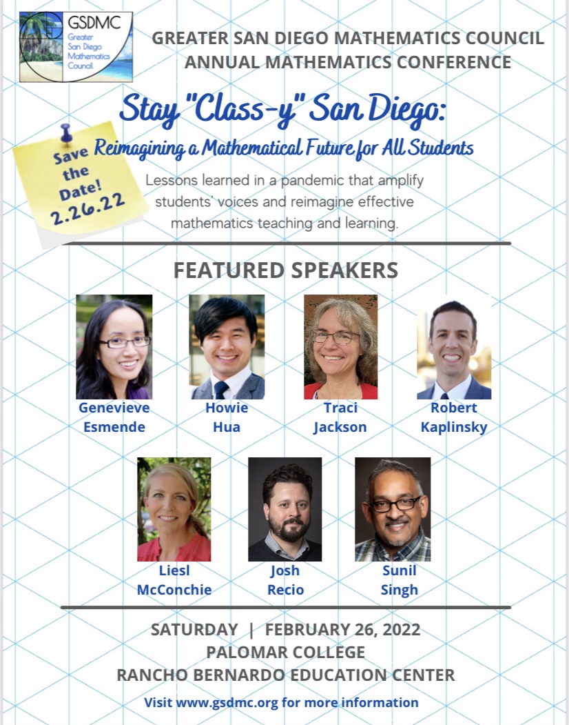 Save the date for the <a href="/GSDMC1/">GSDMC</a> Annual Conference!  Registration is opening soon! gsdmc.org <a href="/TGIFMath/">Nancy Paulson</a> @TeresaLMcCarthy @Sean_Nank <a href="/NolanFossum/">Nolan Fossum</a> <a href="/Ms_Odioso/">Sara Odioso</a> #cmcsouth #cmcmath #socalmath #sandiegomath #StayClassyGSDMC