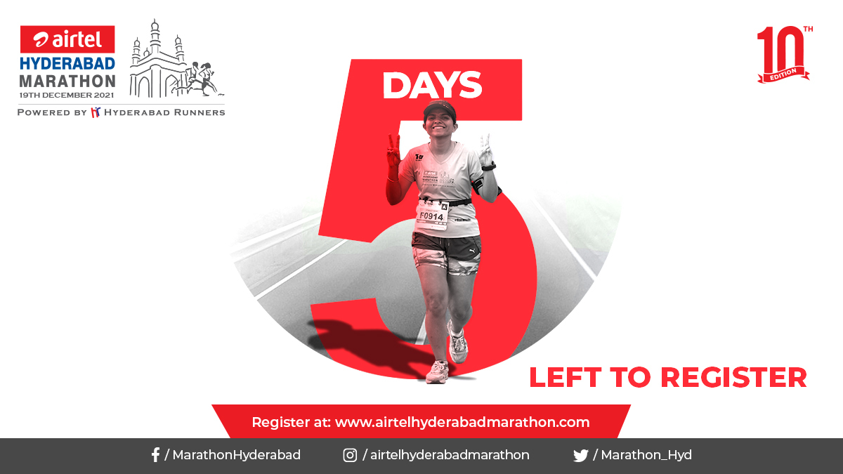 Marathon_Hyd's tweet photo. 5 days left to register for the Airtel Hyderabad Marathon2021(Physical Run). Registration closes on the 22nd November. Register now to #SetThePace!
Register Now: https://t.co/sZF25b0piE
#10thedition #Hyderabadrunners #airtel #airtelhyderabadmarathon2021 #SetThePace #PhysicalRun https://t.co/SjvTqWyQbj