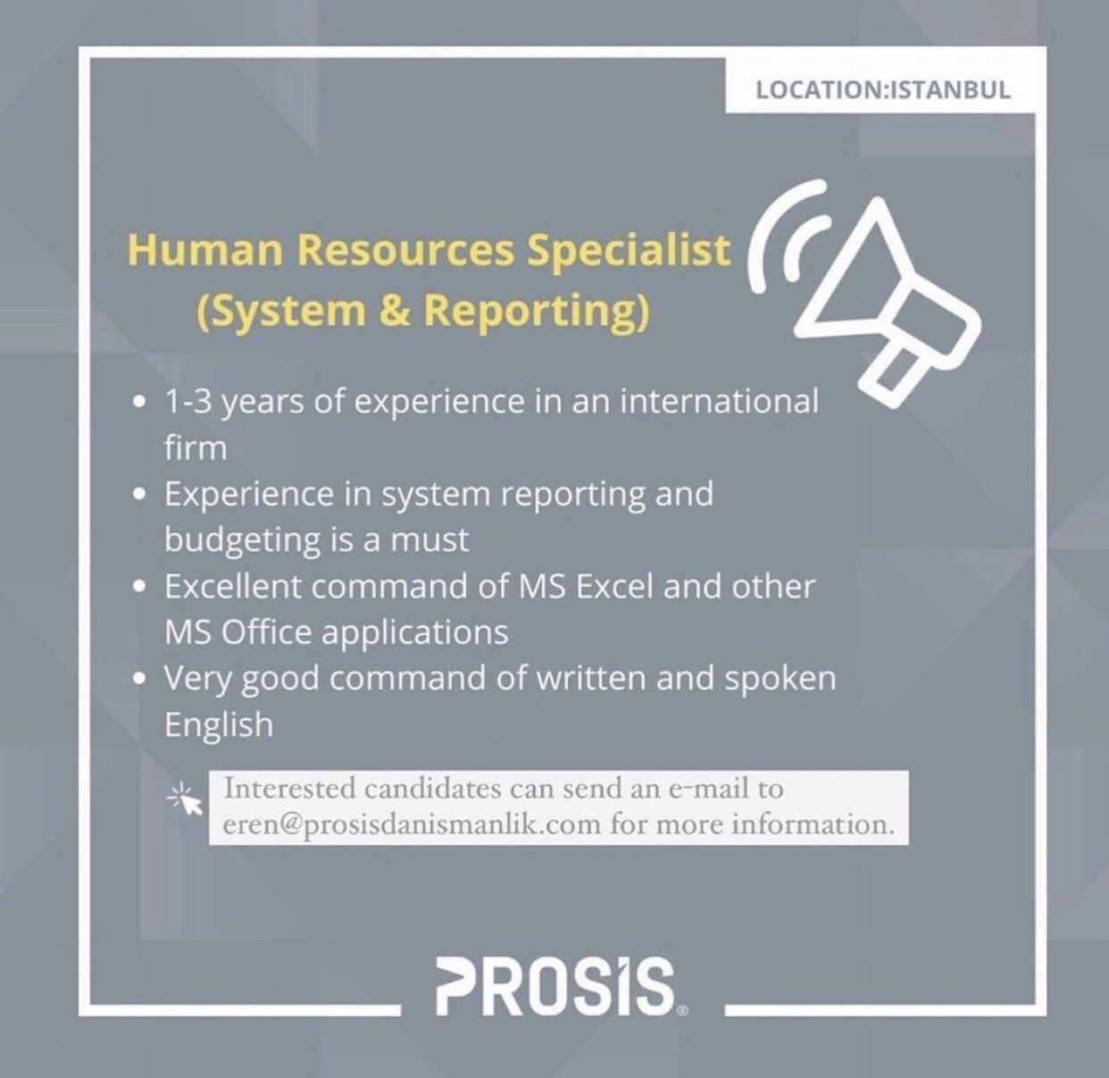 Prosis Danışmanlık on Twitter: "We are looking for a Human Resources  Specialist (System &amp; Reporting) for our business partner that we are  consulting. Candidates interested in new job opportunities can contact us