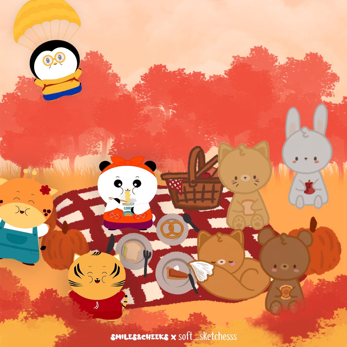 My first art collab! 🤩 Had so much fun doing this with ya, @soft_sketchesss 💖💖💖 

Our characters are enjoying a nice picnic on a lovely day in fall. 🍁

#SmilesnCheeks #autumn #cuteart #artcollab