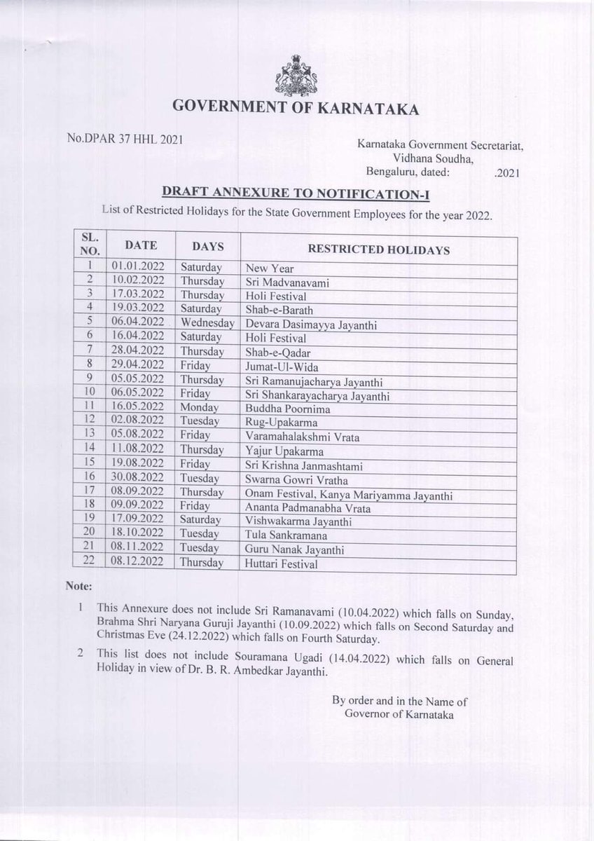 OneindiaKannada's tweet photo. 2022ನೇ ಸಾಲಿನ ಸರ್ಕಾರಿ ರಜೆ ಕರಡು ಪ್ರತಿ
#Governmentleave #holiday #holidays2022 #ಒನ್ಇಂಡಿಯಾಕನ್ನಡಸುದ್ದಿ https://t.co/Vth6SBY2Fy