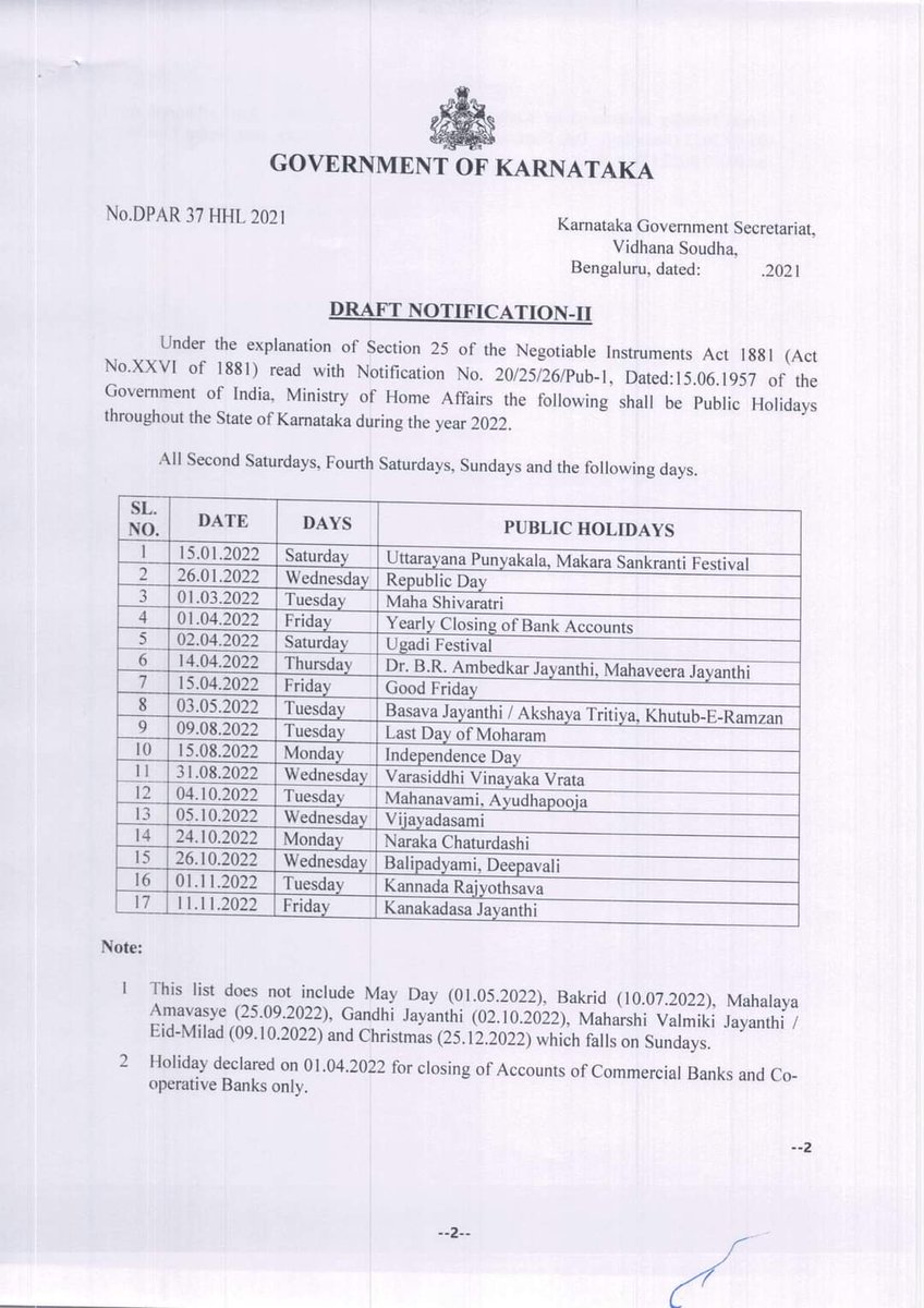 OneindiaKannada's tweet photo. 2022ನೇ ಸಾಲಿನ ಸರ್ಕಾರಿ ರಜೆ ಕರಡು ಪ್ರತಿ
#Governmentleave #holiday #holidays2022 #ಒನ್ಇಂಡಿಯಾಕನ್ನಡಸುದ್ದಿ https://t.co/Vth6SBY2Fy