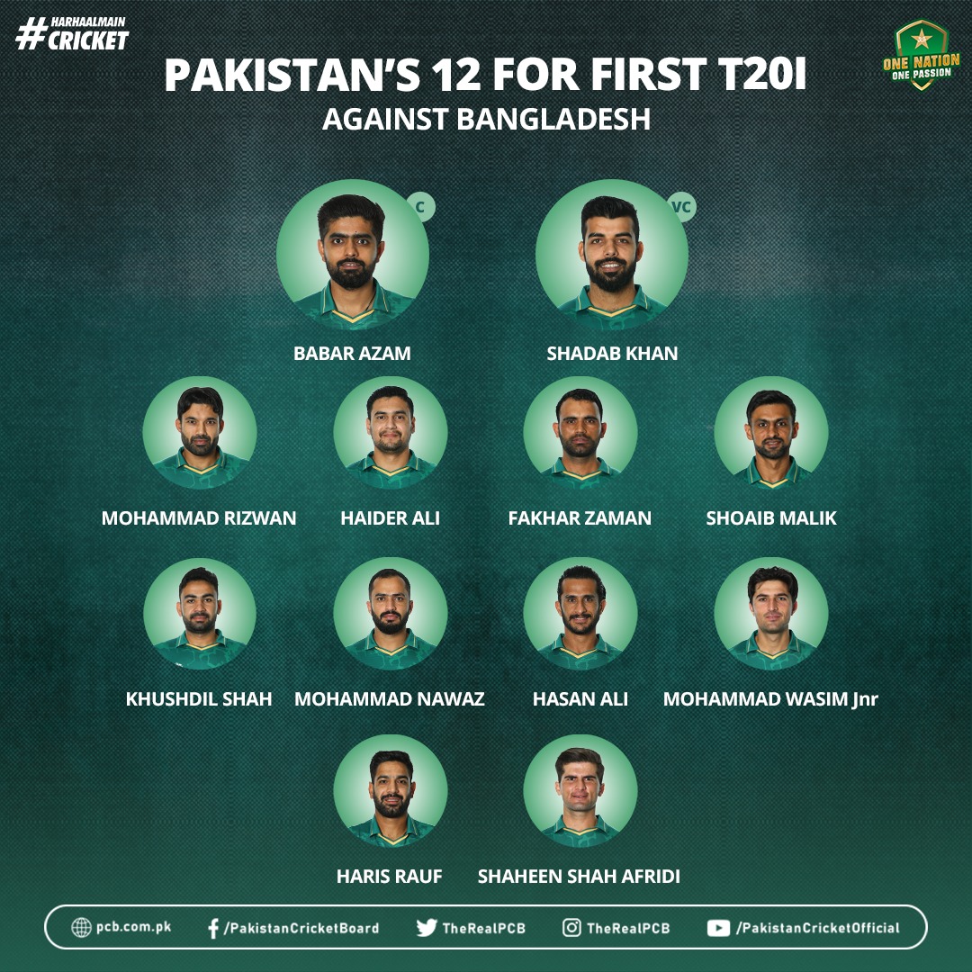 TheRealPCB's tweet photo. 12 member squad for the first #BANvPAK T20I announced
#HarHaalMainCricket https://t.co/KqRv8eXQRV
