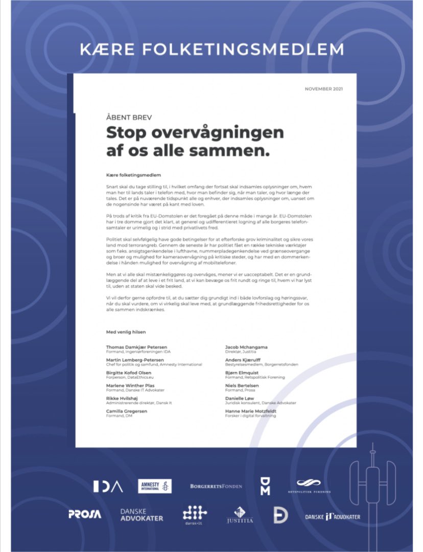 DMCamilla's tweet photo. EU-domstolen underkender generel logning, fordi det er i strid med privatlivets fred. 
Stop #ulovliglogning af borgerne, #dkpol, siger vi: @IDAdk @DITdanskIT @justitiaorg @PROSADK @kjaerulv @hmmotzfeldt @amnestydk @danskeadvokater @Retspolitisk @DataEthicsEU @DMfagforening https://t.co/9o9AinuRuB