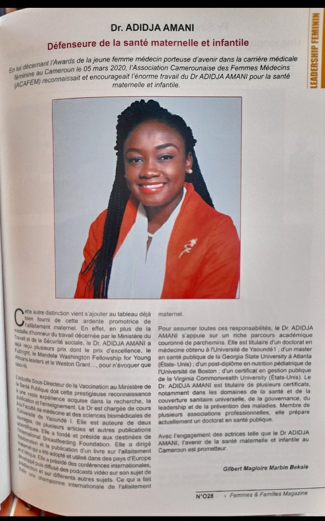 Dr_Adidja_AMANI's tweet photo. Merci infiniment Madame le Professeur Ministre Marie-Thérèse ABENA ONDOUA @minproffcmr 🇨🇲 pour cet immense privilège.
Très honorée de ce portrait dans #Femmes et #Familles Magazine.
#Gratitude #Cameroun #twitter237
#ACAFEM #Year2020 https://t.co/qJB4SUJv3e