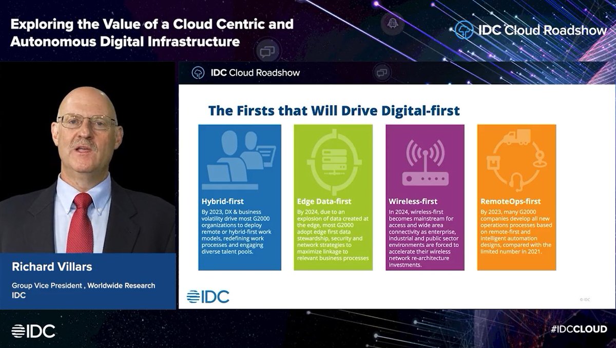 IDCMEA's tweet photo. #Hybridfirst #edgedatafirst #wirelessfirst #remoteopsfirst - the firsts tat will drive #digitalfirst explains Richard Villars, Group VP, Worldwide Research, @IDC | #IDCCLOUD @IDC_Turkiye @ncizmeci https://t.co/yl9Wkbsbaf