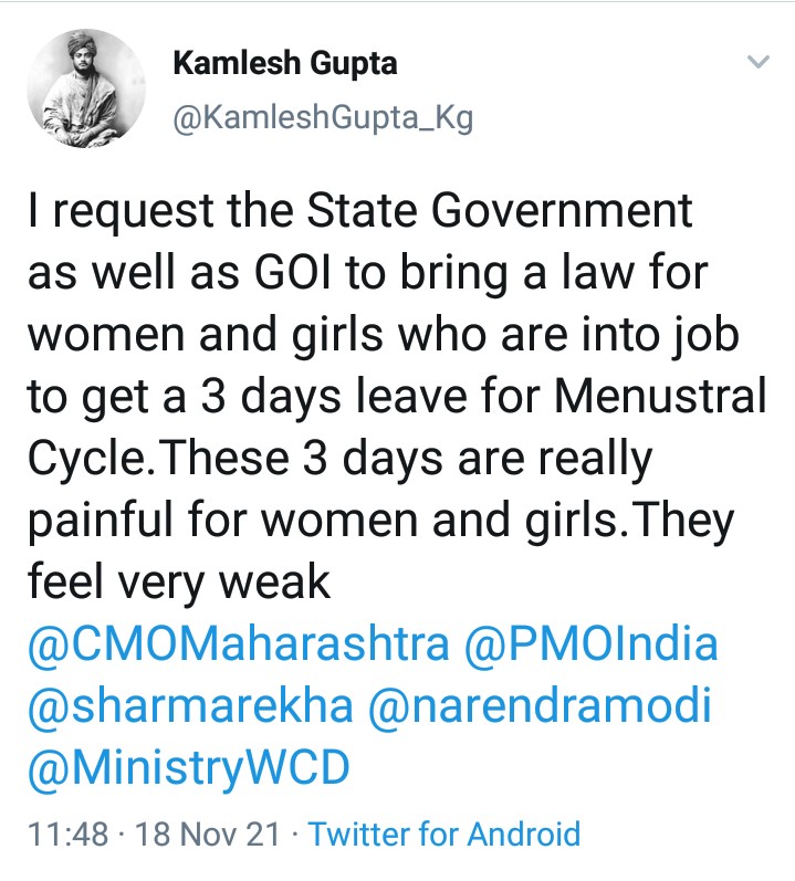 thepaper_in's tweet photo. Kamlesh Devidayal Gupta a social activist from Ambernath city has requested the State Govt as well as GOI to grant Menustral Leave for girls and women who are into jobs.
#RedAlert 
#VirDas 
#Maharashtra https://t.co/M7raeoCnHe