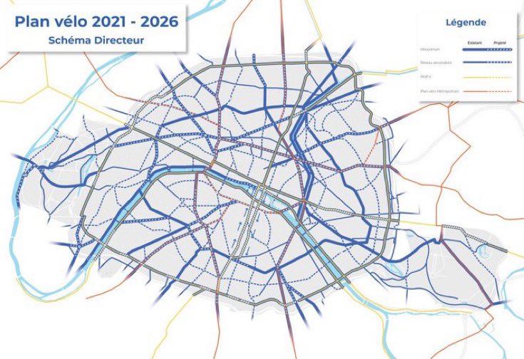 BrentToderian's tweet photo. The new Paris 2021-26 urban biking plan will invest €250m to, among other things, make 52km of pandemic bike-lanes permanent; add 130km of new bike-lanes; add 130K new bike parking spots; &amp; teach all elementary school students to bike.

Leadership.

https://t.co/c1v3YcjPA2 https://t.co/ebB53z469g