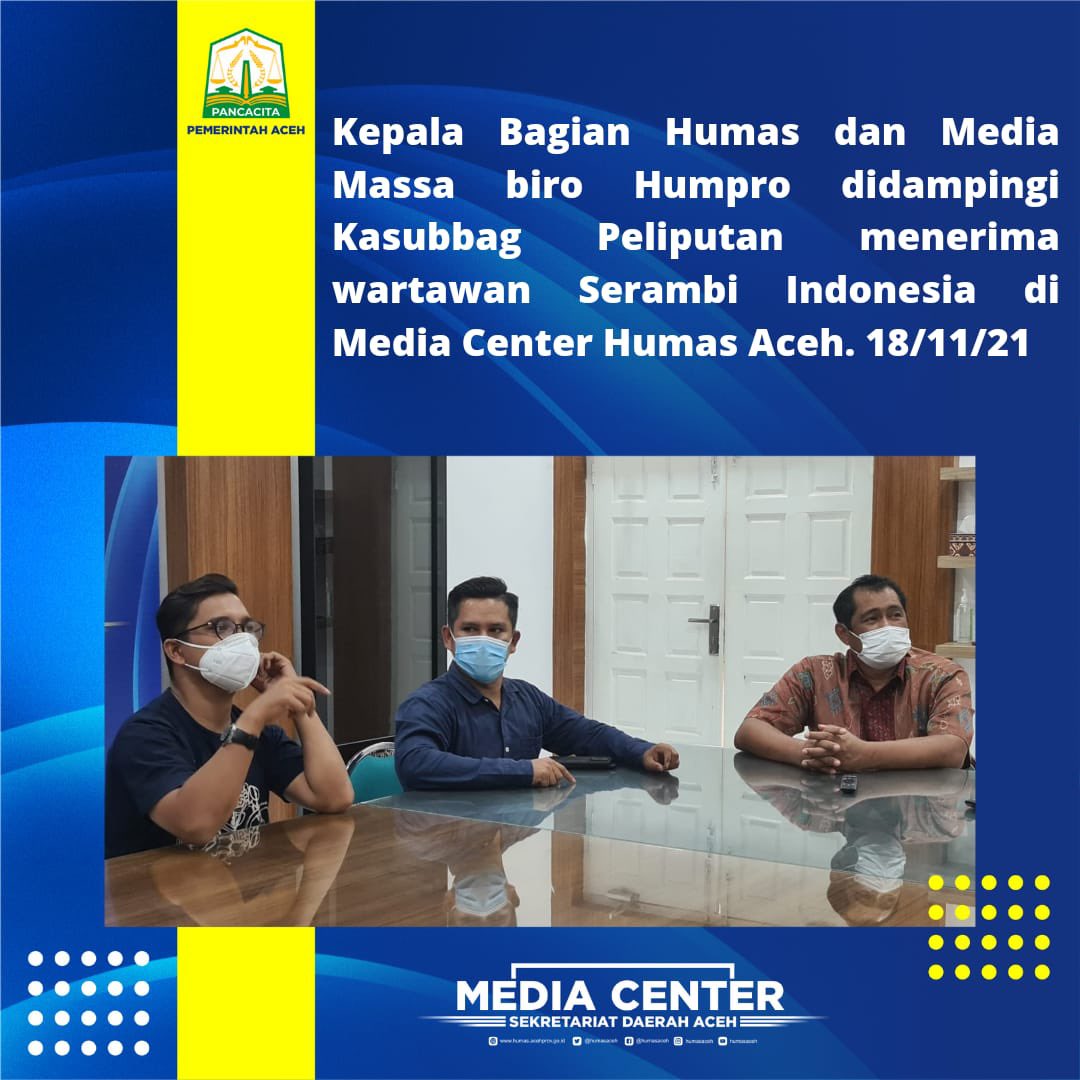 mcsetdaaceh's tweet photo. Kepala Bagian Humas dan Media Massa biro Humpro didampingi Kasubbag Peliputan menerima wartawan Serambi Indonesia di Media Center Humas Aceh. 18/11/21

#mediacenteraceh https://t.co/Y69KpWnDBS