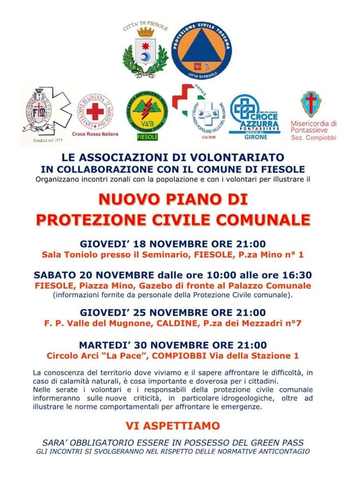 ComuneFiesole's tweet photo. Inizia stasera il ciclo di incontri in collaborazione con le Associazioni di volontariato per spiegare ai cittadini il nuovo Piano di Protezione Civile. 
Il primo incontro stasera, giovedì 14 novembre alle ore 21,00, a Fiesole presso la sala Toniolo. https://t.co/CX5n2bHCGl