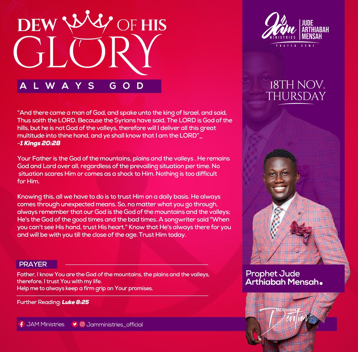 Jamministries1's tweet photo. Dew Of His Glory.
Thursday 18th November, 2021
Topic: Always God.
#jamministries https://t.co/7qdXq4XdY2