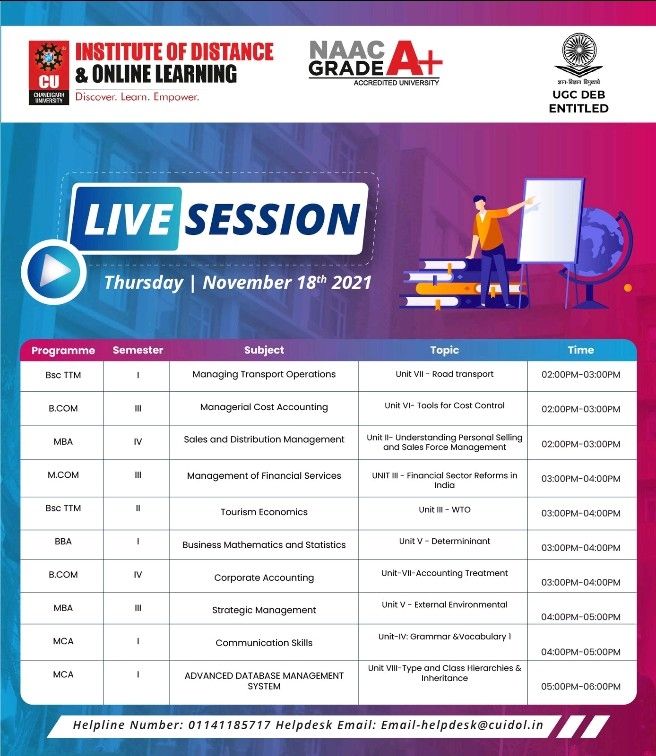 cu_distance's tweet photo. Academic Interactive Live Sessions as on 18th Nov .
#distancelearning2021 #distancelearning #distanceeducation #chandigarhuniversity #nep2020 #students https://t.co/IOZpw2V8Hl