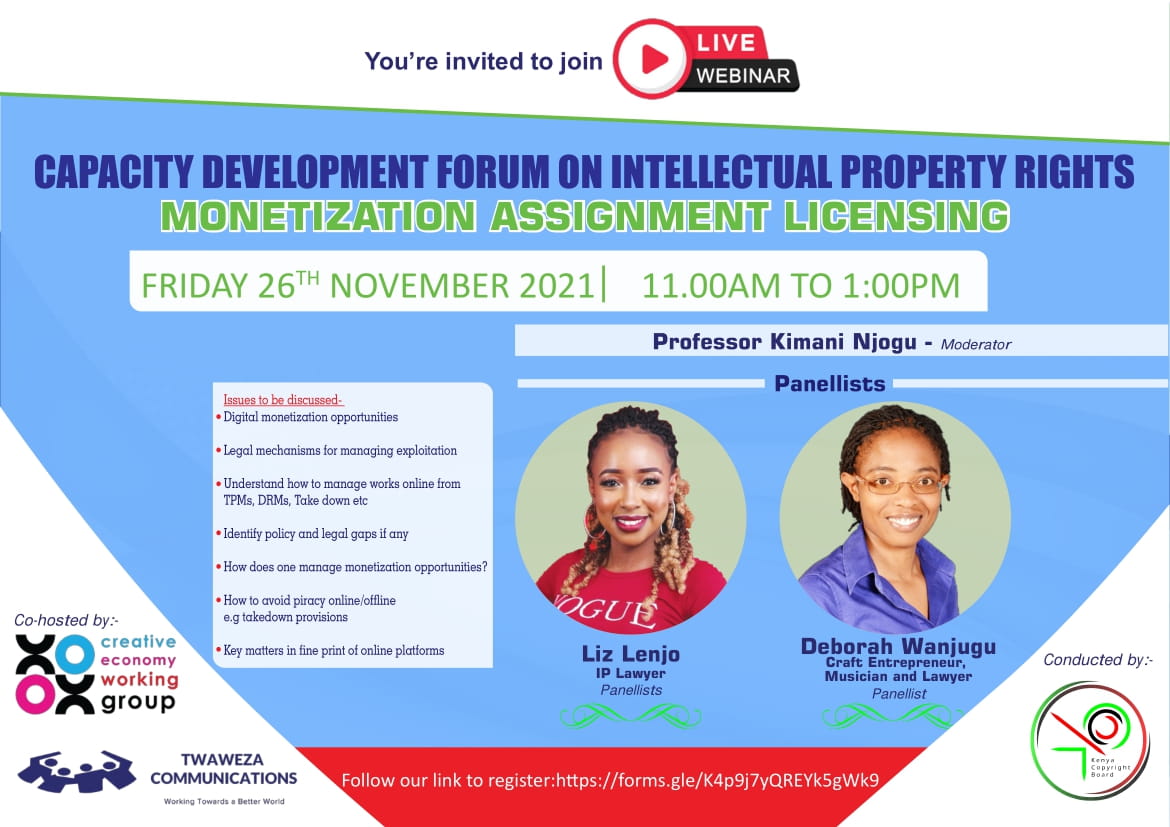 TwawezaComms's tweet photo. @KenyaCopyright @LizLenjo_Kags @DeborahWanjugu @kimaniwanjogu 
Have you registered for the webinar on Intellectual Property Rights?  You cannot afford to miss this important conversation, Learn how to manage your works online among others.
Register now! https://t.co/DIaGTq0Inu https://t.co/fC4zi0DRMG