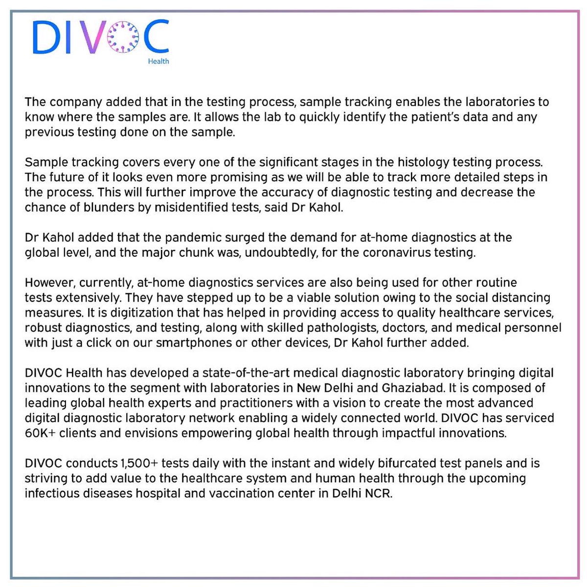 DivocHealth's tweet photo. We strive to add value to the healthcare system and human health with our state-of-the-art medical diagnostic laboratories.  

Thank you, @pharmabiznews for featuring our CEO @kanavkahol's vision for DIVOC Health in coming years. 

Read more: https://t.co/kK2V6mrXpL

#Health https://t.co/d1YTMBUwEg