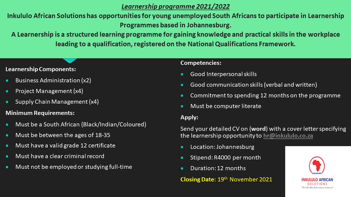 Nkululolawu's tweet photo. Closing date: 19th November 2021, Commencement date: 1st December 2021. Email hr@inkululo.co.za
#learnership #opportunities @inkululo https://t.co/wkwVX97Ag1