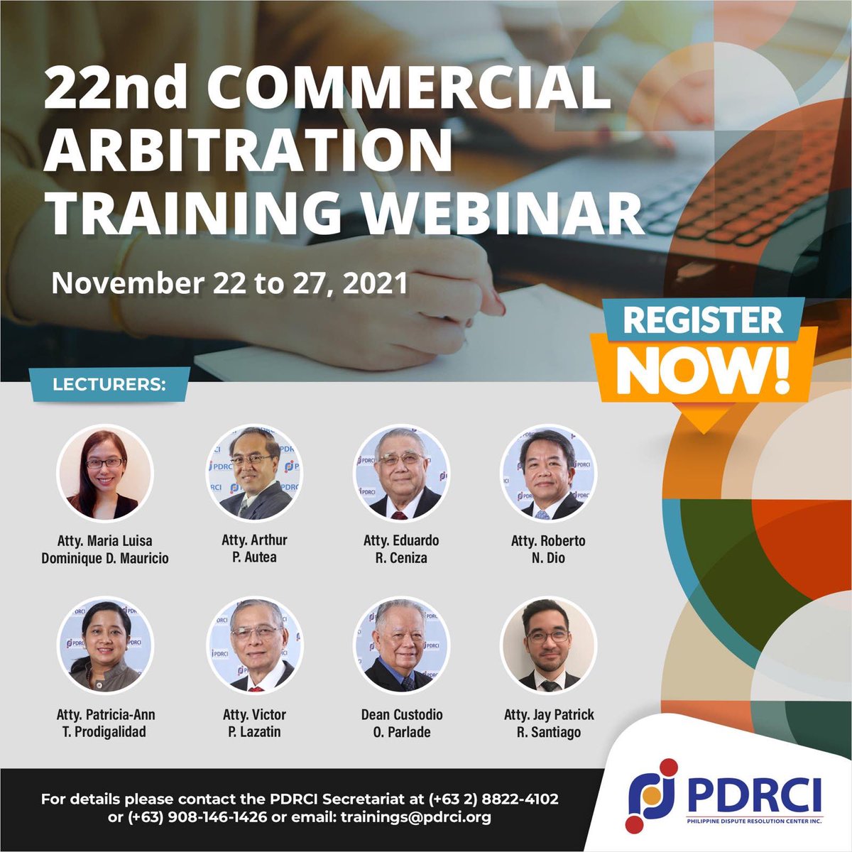 PDRC_org's tweet photo. Register for PDRCI’s 22nd Commercial Arbitration Training Webinar scheduled on November 22 to 27, 2021. For more information, contact the PDRCI Secretariat at (+63 2) 8822-4102, (+63) 908-146-1426, or via email at trainings@pdrci.org.
We have a few more slots available! #PDRCI https://t.co/UPEoAFKEi8