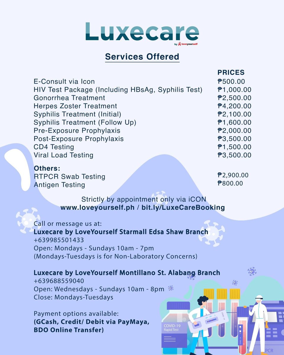 We offer the following premium services:

Available at Luxecare Starmall Branch and Montillano St. Alabang Branch. 

Message us today, and we are happy to assist you.

Or book at:
bit.ly/LuxeCareBooking