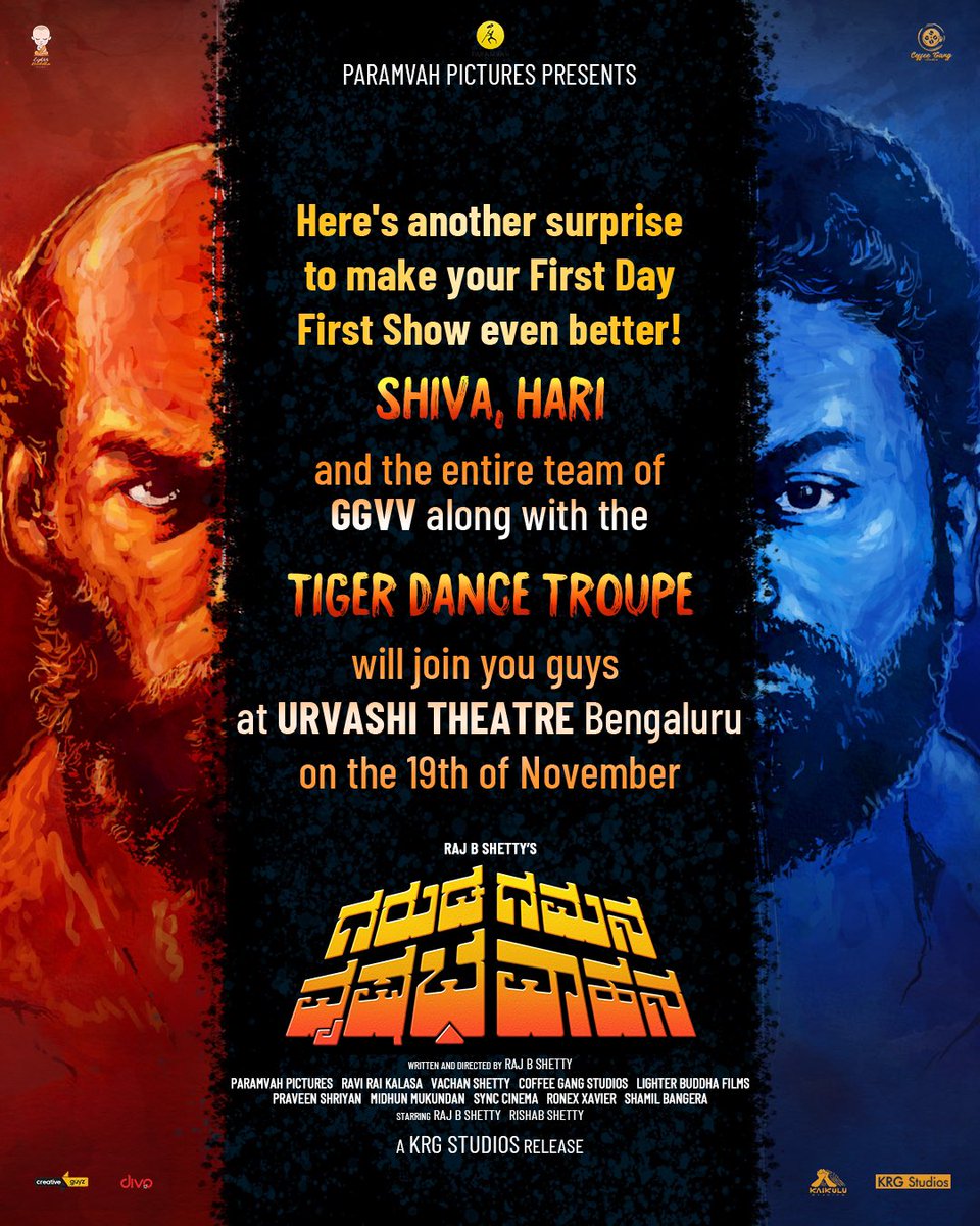 GGVVTheMovie's tweet photo. Meet Shiva, Hari and the Entire Team of #GGVV along with the Tiger Dance Troupe at @UrvashiTheater on 19th November.
#GGVVOnNov19
@RajbShettyOMK @shetty_rishab @rakshitshetty @m3dhun @Karthik1423 @ParamvahStudios https://t.co/ypVAcL0Vuc