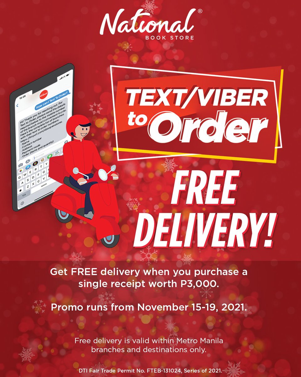 nbsalert's tweet photo. LAST 2 DAYS to enjoy this special offer! Get FREE DELIVERY* when you Text / Viber to Order from NBS branches within Metro Manila! Shop for books, supplies, or early Christmas gifts now: https://t.co/r9JzrZAt3c.
#FreeDelivery #TextToOrder #NationalBookStore https://t.co/SEFZIYn25i