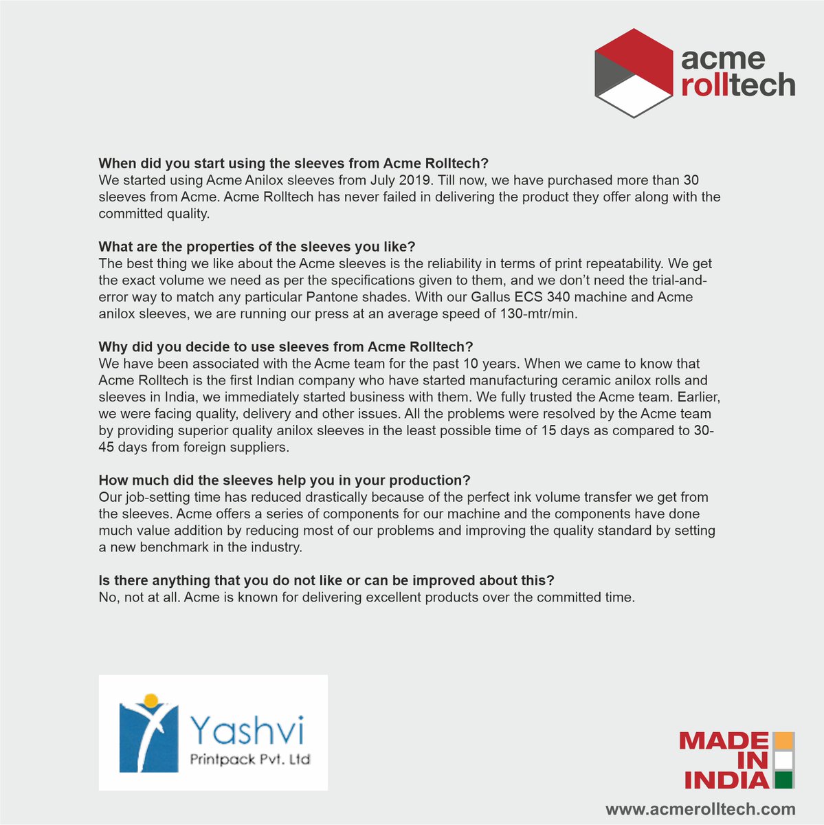 AniloxIndia's tweet photo. Kerul Desai and Khush Desai from Yashvi Printpack share their review on investing in Anilox Anilox Sleeves from Acme Rolltech.
https://t.co/9N1MxAUlS5
#testimonials #clientdiaries #clientrelationships #acmerolltech #anilox #aniloxsleeves #corrigated #corrugation #labelprinting https://t.co/QLuSJs4WH5