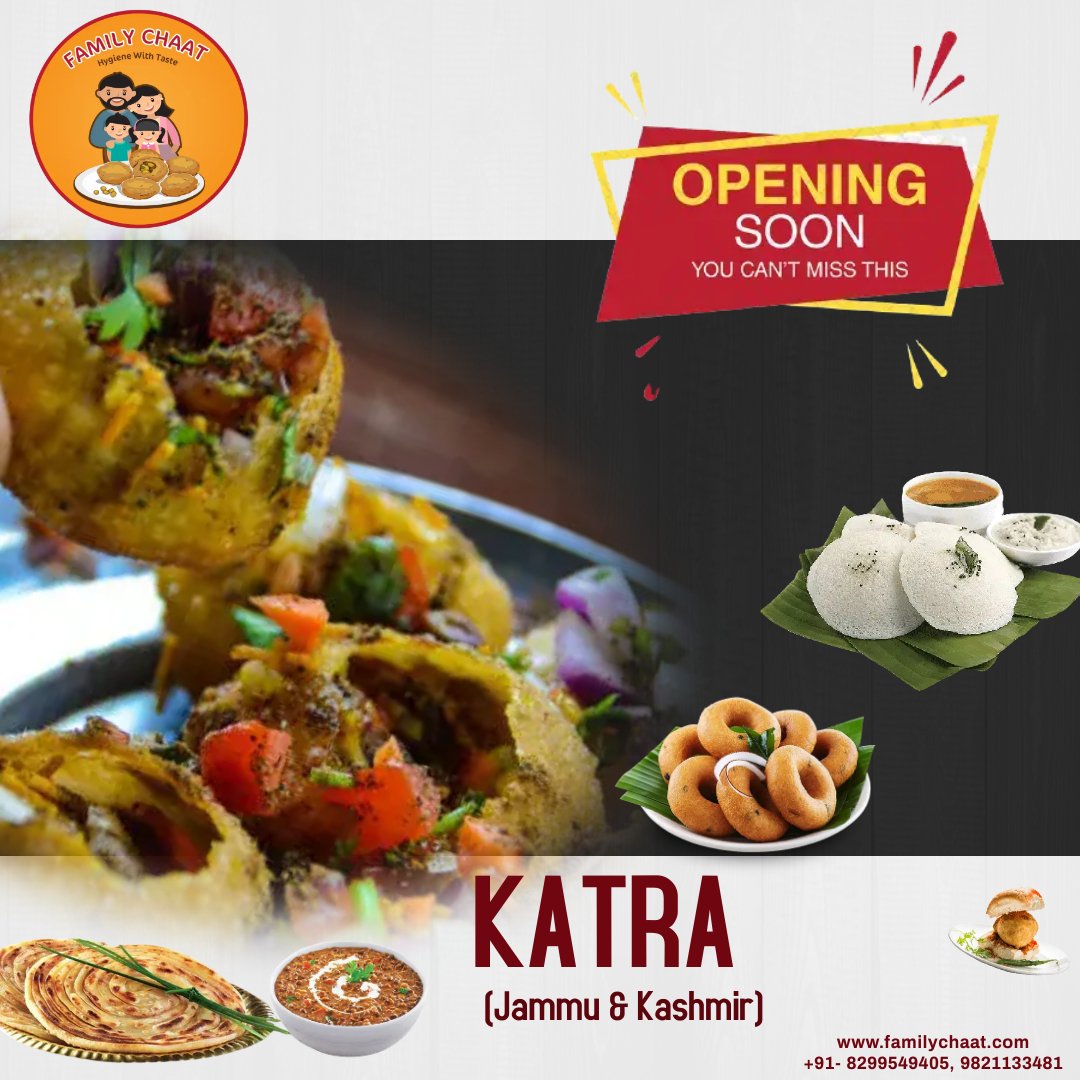 ChaatFamily's tweet photo. Here is the good news for you all. Family Chaat is now opening soon in your city Katra (Jammu &amp; Kashmir). Enjoy the best, varied flavours of Paans at the best healthiest restaurant.
Call  +91-8299549405
Visit: https://t.co/4Mu9RDZLgx
#FamilyChaat #GreatTaste #AmazingFlavours https://t.co/yZHwcIIjyB