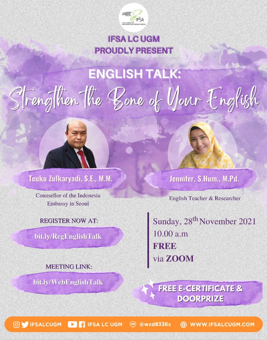 IFSALCUGM's tweet photo. [#ENGLISHTALK: STRENGTHEN THE BONE OF YOUR ENGLISH]

Hello Everyone!

Do you want to improve your English grammar and public speaking manner? If so, then this event is the right place for you! Language Commission of IFSA LC UGM would like to present a webinar (cont-) https://t.co/SsZQ2V8tMp