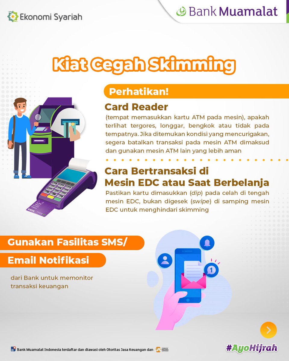 BankMuamalat's tweet photo. Assalamualaikum BMers!
Seiring dengan perkembangan teknologi, kejahatan transaksi perbankan juga semakin marak. Untuk itu, kamu perlu waspada. Yuk, simak beberapa cara untuk mencegah skimming agar kamu terhindar dari kejahatan jenis ini. berbasis syariah. #MuamalatTips https://t.co/kt1ymYsbh7
