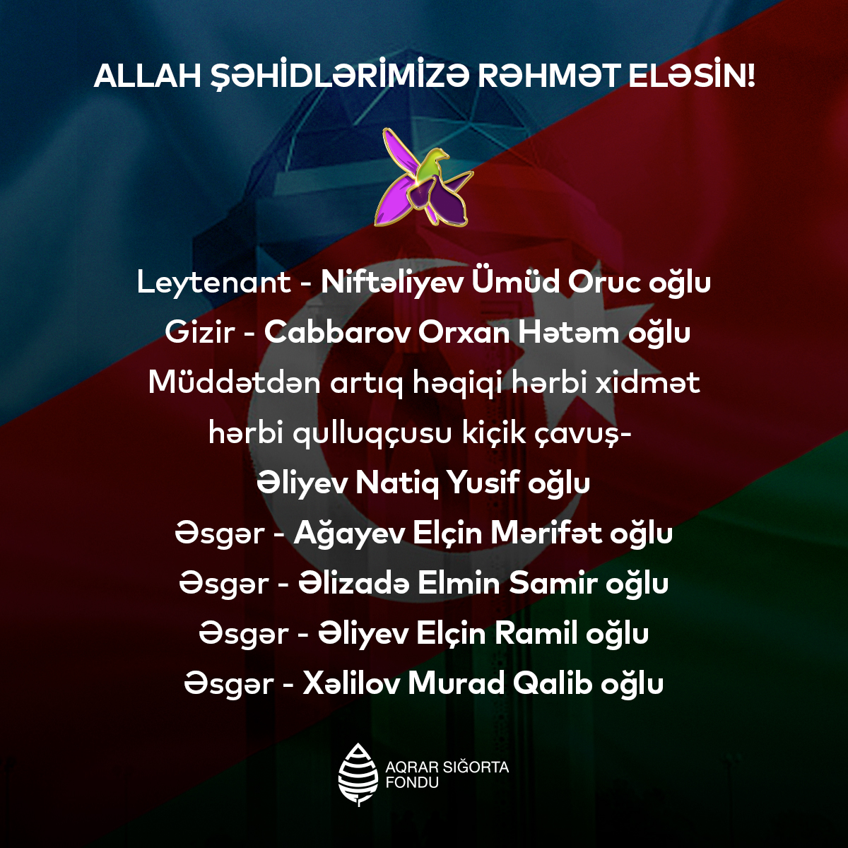 Ermənistan tərəfindən törədilən hərbi təxribat nəticəsində şəhid olmuş əsgər və zabitlərimizə Allahdan rəhmət diləyirik. Vətən sağ olsun!