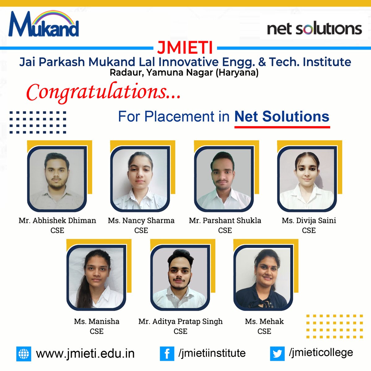 jmietiradaur's tweet photo. Congratulations to all the students on getting selected in Net Solutions! Best wishes for bright future ahead.
#jmieti #placements #NetSolutions https://t.co/gANZPVnevm