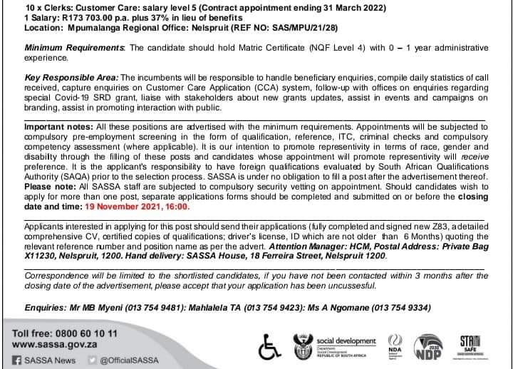 Tenyeko Jobplug Queen Sassa Contract Worker Post Mpumalanga Closing 19 Nov 21 T Co R9jelzagfq Twitter