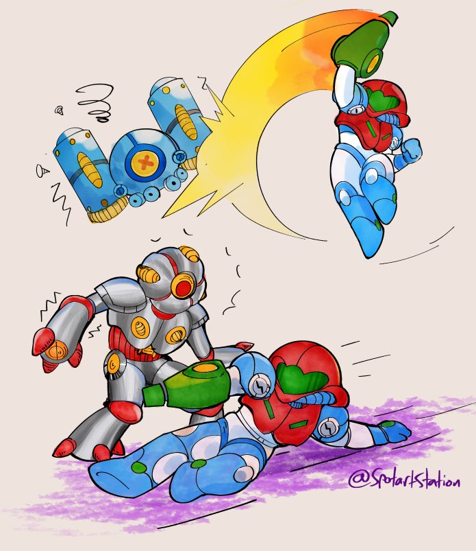 SpotartStation's tweet photo. More Metroid Dread Nes manual art! 
I liked redesigning the Emmi in the 80’s style! https://t.co/pdIjQ20uCu