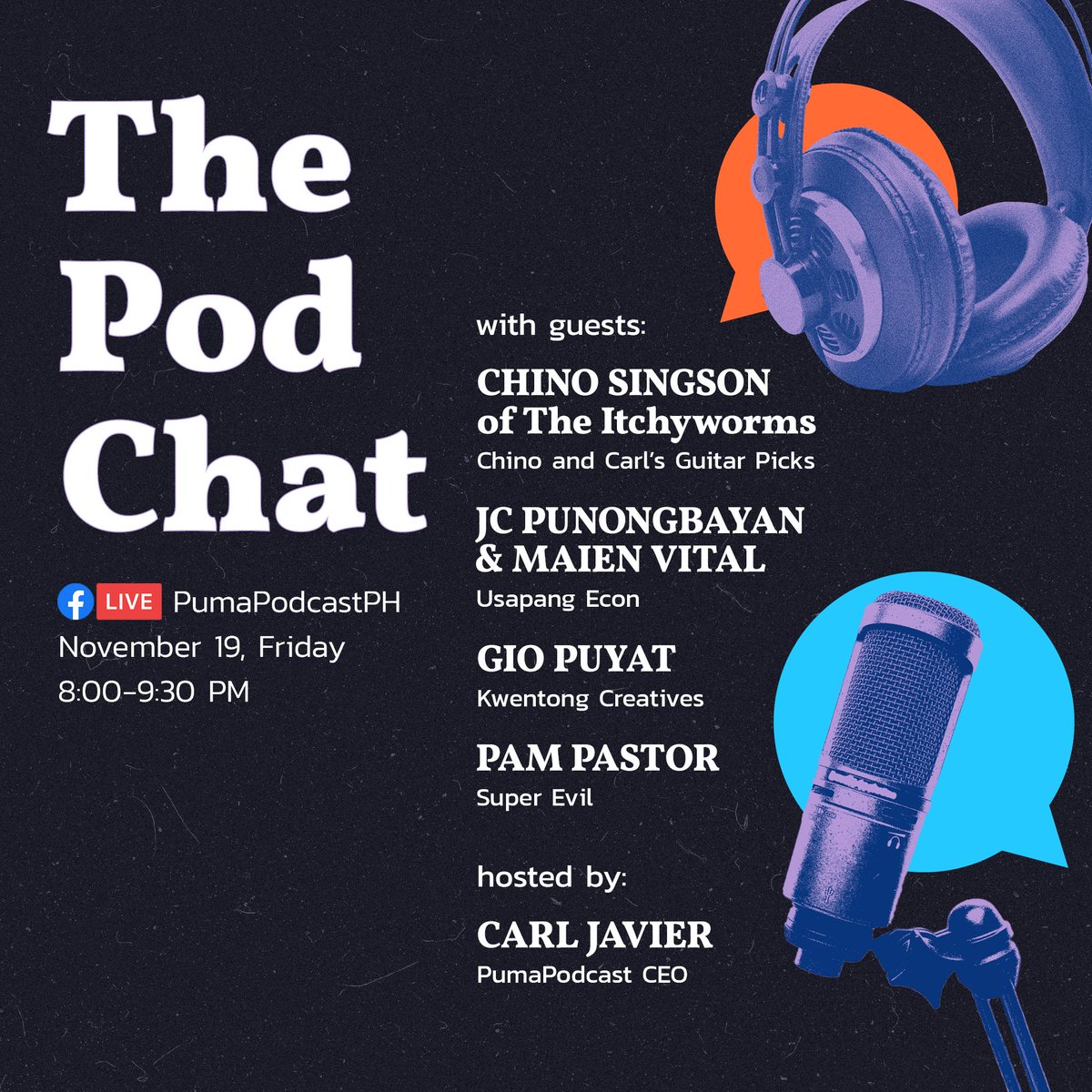 Catch us for a LIVE chat with other great podcasters 🎙️on The Pod Chat hosted by @puma_podcast ✨

Featuring @chinosingson of  <a href="/theitchyworms/">The Itchyworms</a> , <a href="/jcbpbayan/">JC Punongbayan</a> <a href="/maienv/">Marianne Vital</a> <a href="/pajammy/">jambalaya mare</a> and <a href="/carljavier/">carl javier</a>
