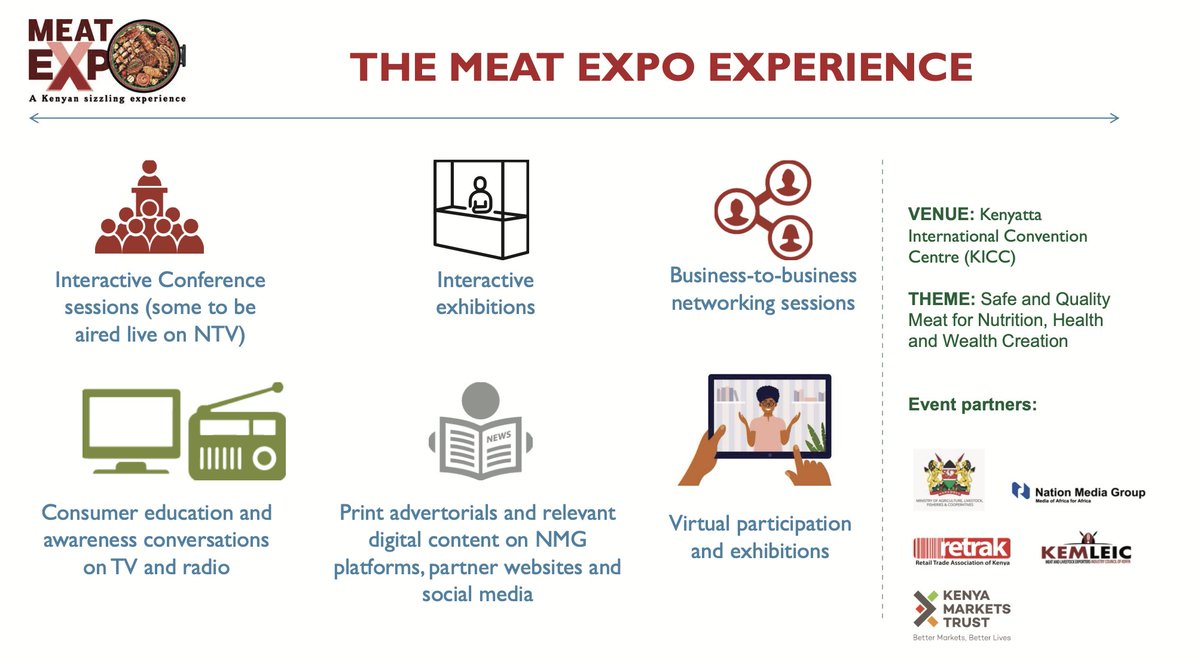 KenyaMarkets's tweet photo. The #KICCMeatExpo is among our first steps with
@giz_gmbh to uplift Kenya's #livestock. The expo will help market the meat industry as well as boost its positioning, development, growth & visibility.
#SizzlingExperience
#BusinessScoutsforDevelopment
#CompetitiveMeatProcessing https://t.co/dVf37CTwU2