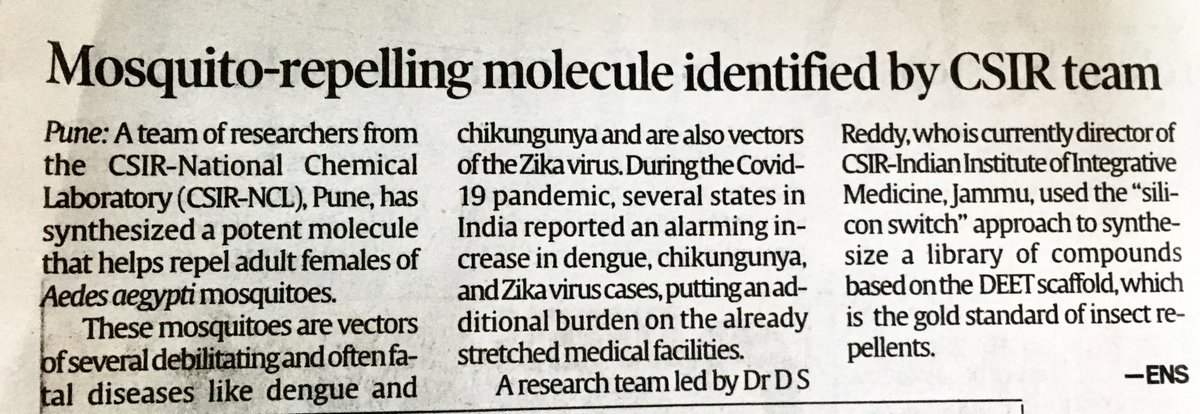 csir_ncl's tweet photo. Novel Mosquito Repelling Molecule identified. Articles appeared in Hindustan Times and The Indian Express. @CSIR_IND @AshishLele3467 @shekhar_mande https://t.co/EYVNdSRyY4