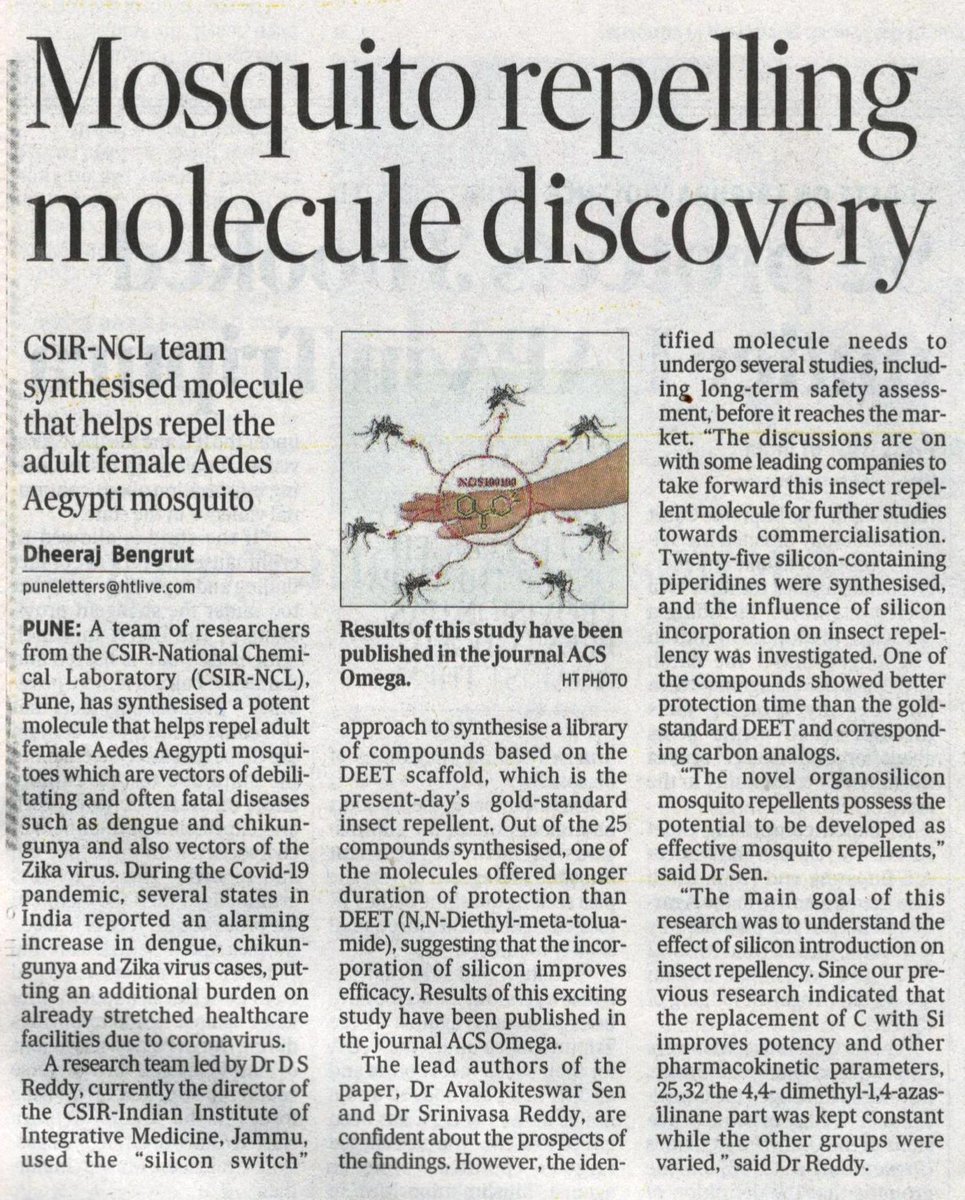csir_ncl's tweet photo. Novel Mosquito Repelling Molecule identified. Articles appeared in Hindustan Times and The Indian Express. @CSIR_IND @AshishLele3467 @shekhar_mande https://t.co/EYVNdSRyY4