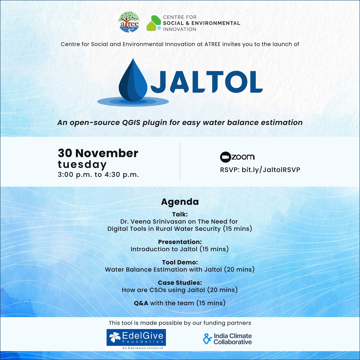 WELLLabs_org's tweet photo. CSEI-@atree_org invites you to #JaltolLaunch on November 30, 3 to 4:30 pm on Zoom! 

Developed by our Food Futures Initiative, Jaltol is a free, #opensource @qgis plugin that makes water balance estimation easy for #grassroots communities. RSVP here: https://t.co/Xkc15b8Urb https://t.co/Lw0nDWqLYY