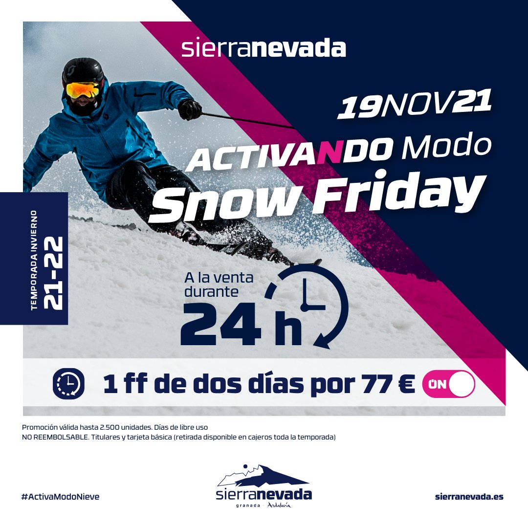 websierranevada's tweet photo. 📢 Aprovecha la oferta #SnowFriday 
✔️1 forfait para 2 días, por 77 € (para una persona)
✔️A la venta el 19 de noviembre
✔️Para usar cualquier día de la temporada 
¡No la dejes escapar!
#ActivandoModoNieve #SierraNevada
ℹ️ https://t.co/Cnc675PmDS https://t.co/2CGvpLLXID