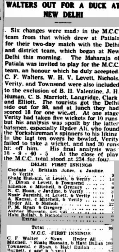 ball_bats's tweet photo. #OnThisDay Delhi all out 98 against @MCCOfficial at Delhi in 1933. Verity took 5 for 40. Mitchel scored a century. https://t.co/SUUIEIMgDv