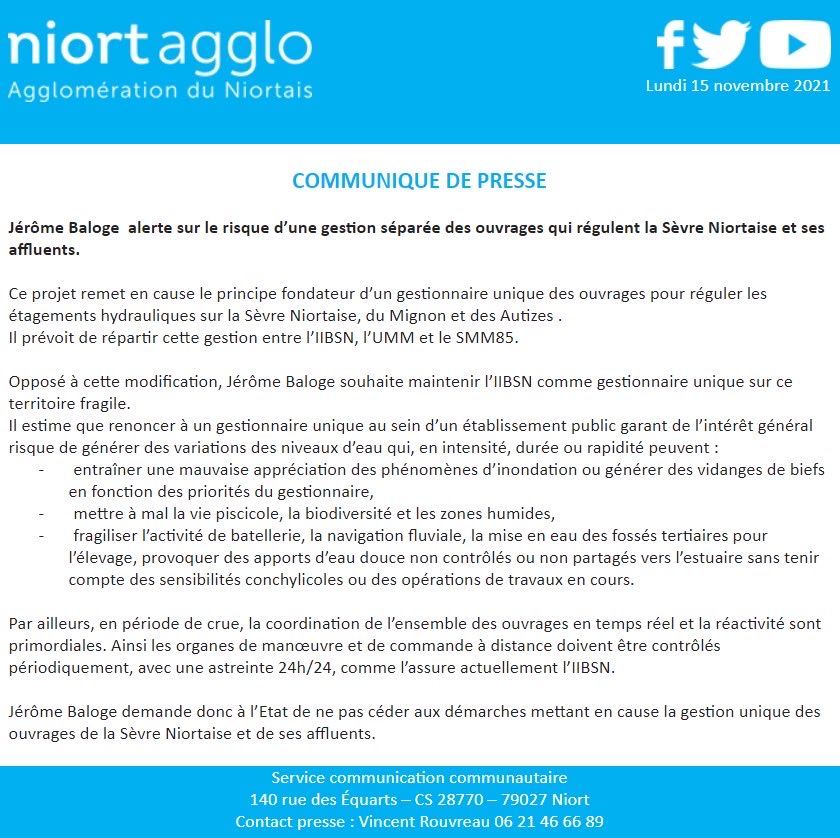 JeromeBaloge's tweet photo. Niort: la gestion unique des ouvrages hydrauliques de la Sèvre niortaise est en passe d’être remise en cause. L’enjeu est majeur! L’Etat ne doit pas céder. ⁦#MaraisPoitevin ⁦⁦@pmaraispoitevin⁩ @Prefet79⁩ ⁦@barbarapompili⁩ ⁦@J_Denormandie⁩ https://t.co/0uJ1zboP46