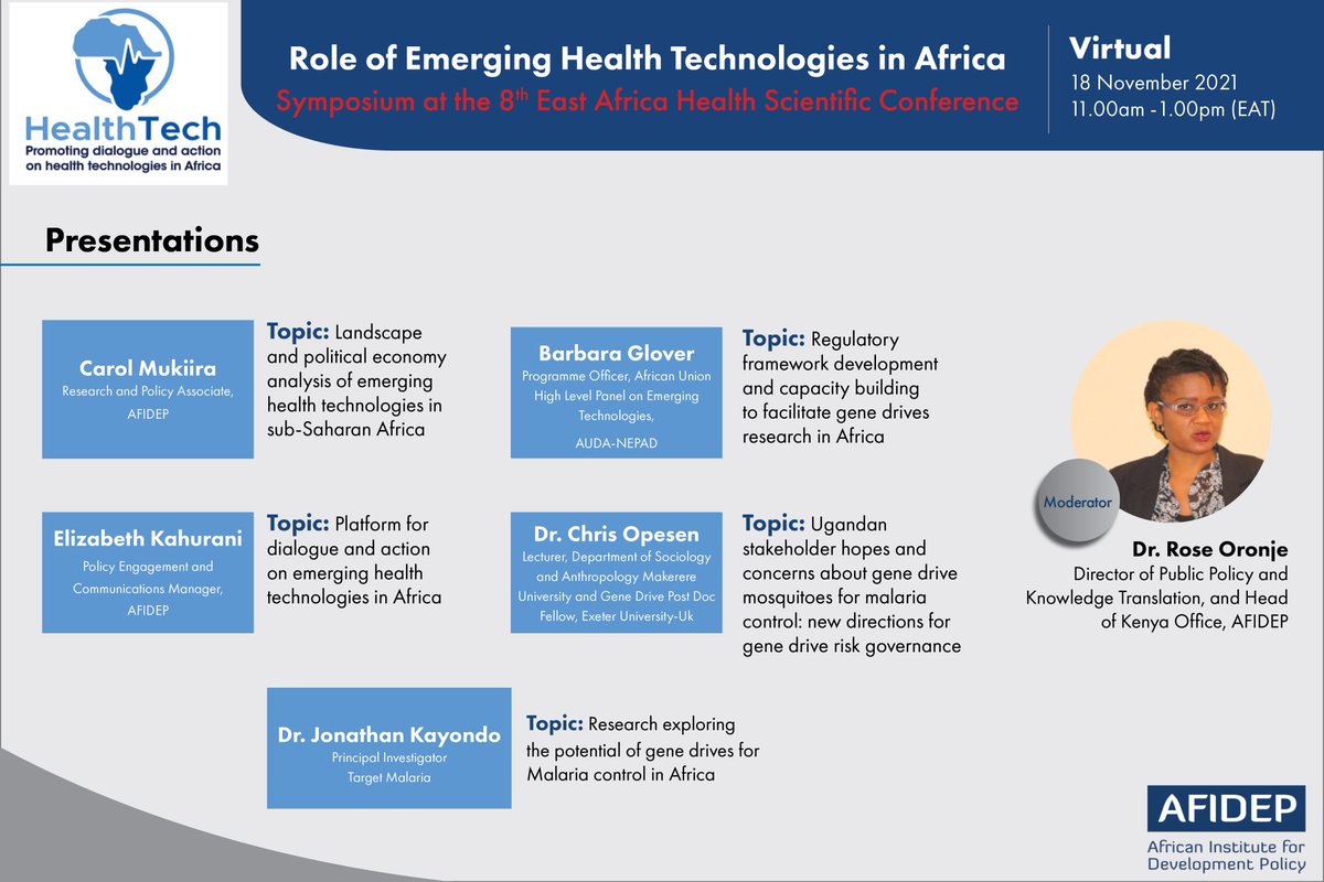 Afidep's tweet photo. [#REMINDER] the @htp_Africa symposium on emerging #health technologies at the 8th East African Health &amp; Scientific Conference begins in an hour.   #EAHSC @roseoronje @chrisopesen @cmukiira @Kahurani @BarbsGlover
 
⏰ 11am (EAT)

Join event: https://t.co/fxkz11QVr3 https://t.co/ONSA4ujO6P