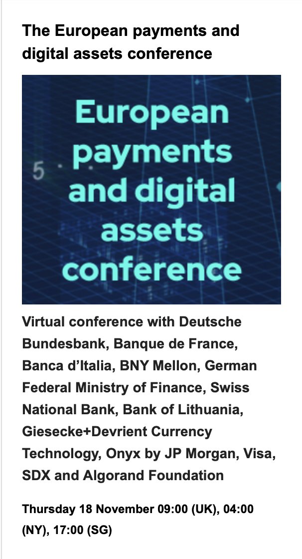 AlgoFamily's tweet photo. European payments and digital assets conference is here. Look at who's speaking... @Algorand @AlgoFoundation $ALGO. Topics will include #CBDC, digital assets, cross border payments and more. https://t.co/WJIDFBjbCX https://t.co/NbEDwB5UBx