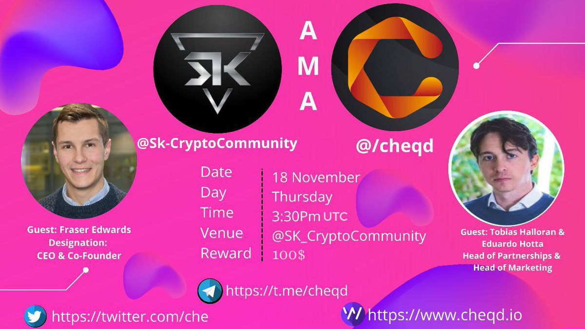 📢We are Glad to Announce our Next  AMA with Cheqd on 18 November 3.30 pm Utc 

🏆Pool:100 $ USDT 
📍Venue: t.me/SK_CryptoCommu…

For Deep Research Follow Us

✅Follow 
<a href="/SK__COMMUNITY/">SK COMMUNITY</a>
 &amp; 
<a href="/cheqd_io/">cheqd.io 🆔</a>
✅Like And Retweet And ask questions here👇