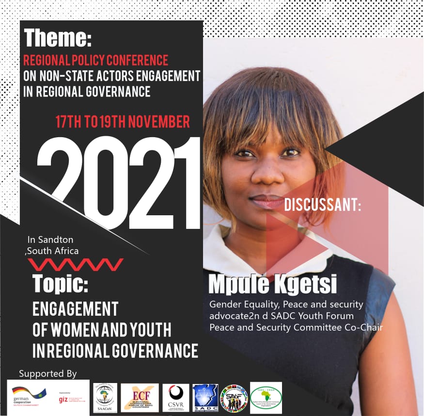 SAYoF_Official's tweet photo. Ms Mpule Kgetsi " We need to push for transparency and accountability within our region" #SADCYouth #NSARegionalConference #CoCreatingSolutions @_CSVR @theECFSADC @SAACoNetwork https://t.co/1zwOd53azb