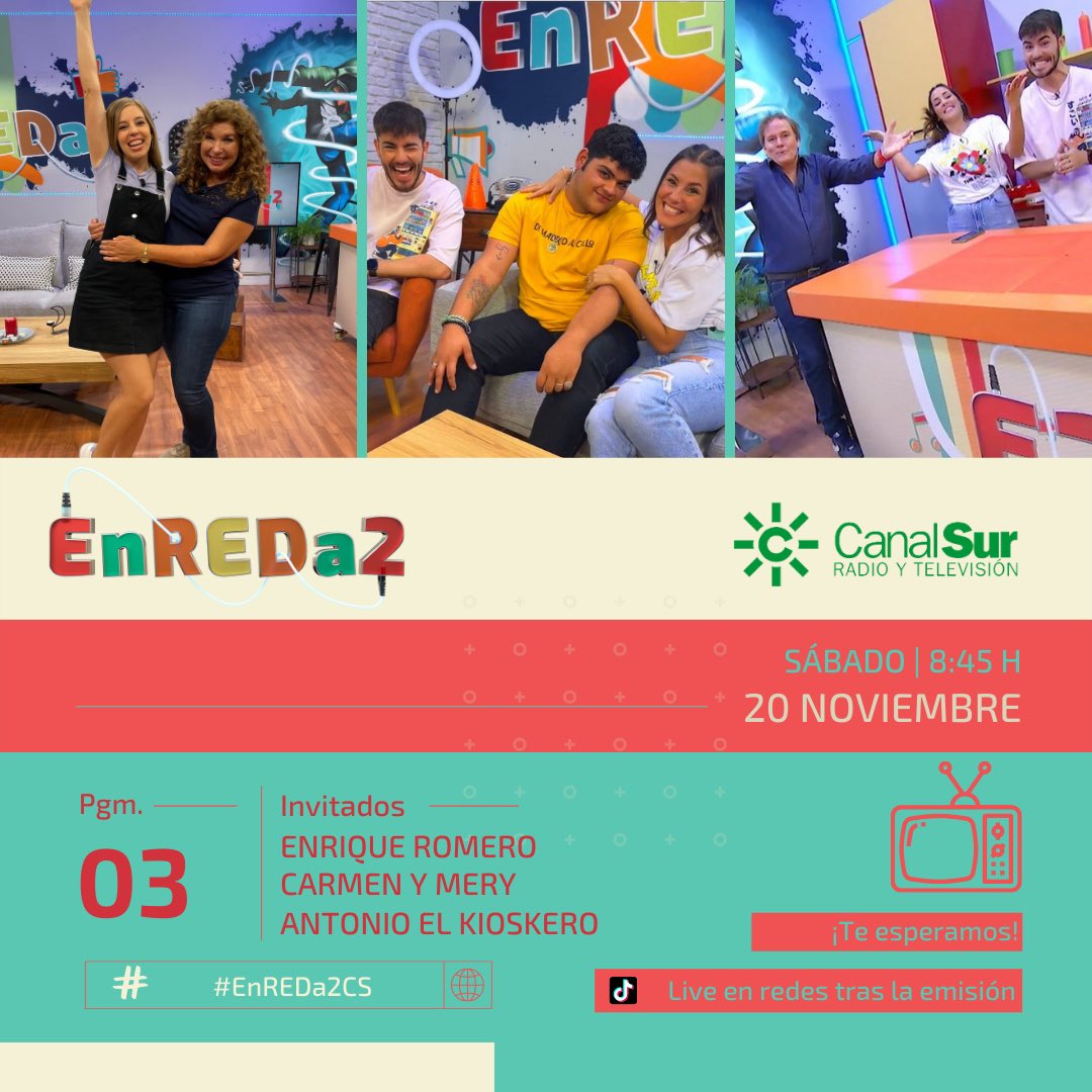 EnREDa2CS's tweet photo. 📆📺 Este sábado, a las 8:45 h, ¡NUEVO PROGRAMA DE #ENREDA2CS en @canalsur!

🙋🏻‍♂️🙋🏼‍♀️ ¡@jaimesilva0 y @cristinasilvae2 os invitan a su pisito, donde aprenderéis sobre redes y disfrutaréis con los retos a los que se enfrentarán @cocinatodo 👩🏼‍🍳, @eromerotpt 🐂 y Antonio el Kioskero 🍭! https://t.co/AosvTJiSQs